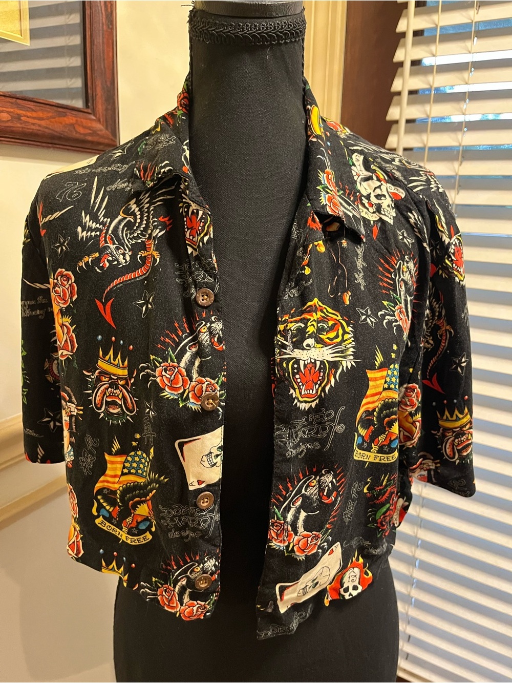 Ed Hardy Black Short-Sleeve Button-Down with Vintage Tattoo Motifs